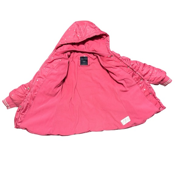 Nautica Girls Puffer Jacket Medium 8/10 Pink Gold Stars Hooded Winter Coat - Picture 3 of 10